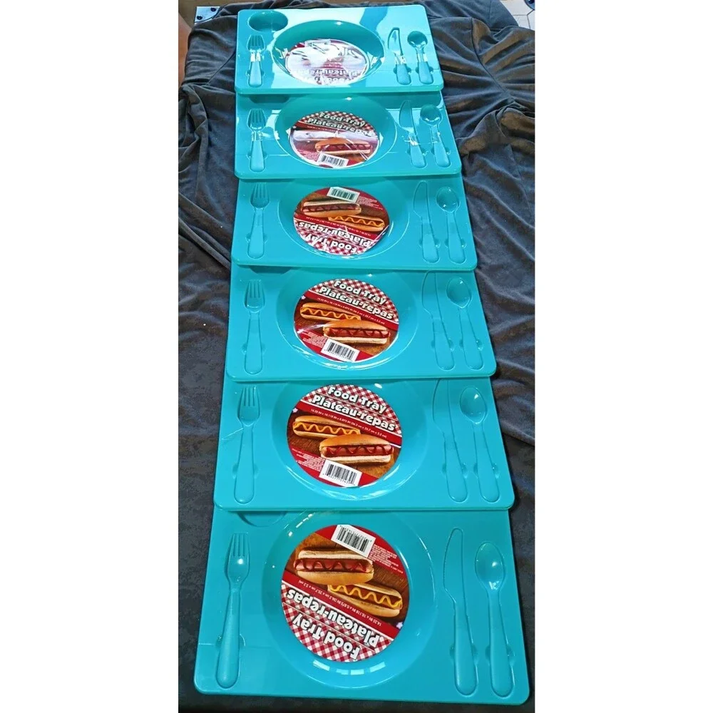 6 Pack Reusable Teal Plastic Food Trays w/ Built-In Plate Area & Cutlery